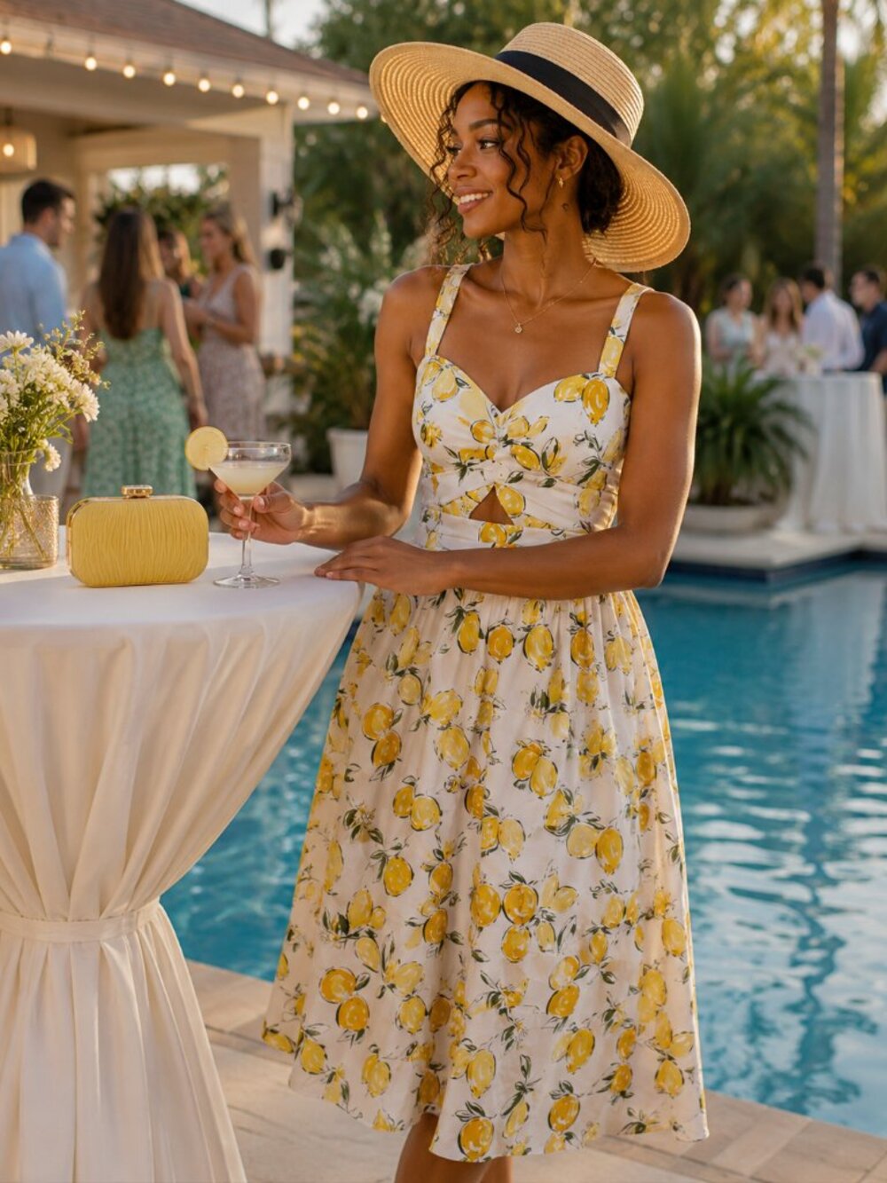 Free Assembly Lemon Print Cotton Midi Dress Smocked Back Pockets Cottagecore S